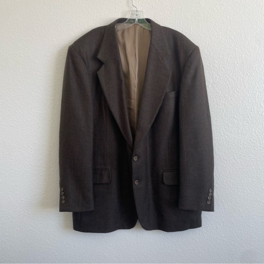 Oscar De La Renta Sport Coat Blazer Jacket Mens 46L Brown Wool Houndstooth Tweed - Picture 1 of 11